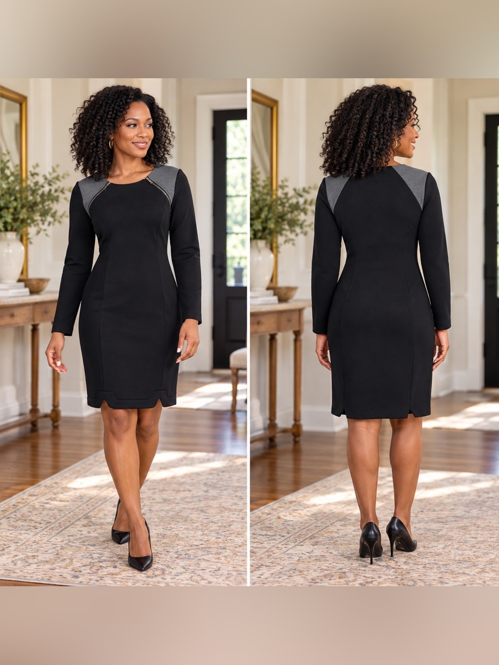 KIIND OF Black Gray Colorblock Scuba Sheath Dress M Zipper Detail NWT